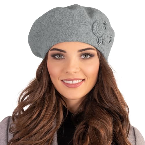 VIVISENCE Baskenmütze Damen Winter Elegante Mit Klassischem Herbst Frauen Mütze Schnitt Warmer Wollmischung Floraler Applikation Perfekter Passform Ideal Für Kalte Tage Modell, Hellgrau,Einheitsgröße von VIVISENCE