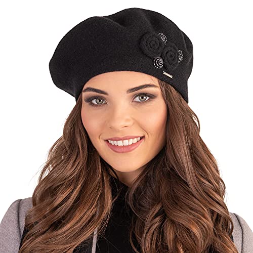 VIVISENCE Damen Baskenmütze Eleganter Wintermütze Warm Und Gemütlich Kopfbedeckung An Winter Und Herbst Warm Dick Strickmütze, Klassisch Mütze Für Frauen, Hergestellt In EU, Schwarz von VIVISENCE