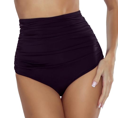 VIVISENCE Dame Bikinihose Unterteil Mit Hohem Bund Badeanzug Klassisch Musterlos Strandmode 3011, Schwarz,42 von VIVISENCE