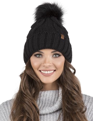 VIVISENCE Wintermütze Mit Bommel Damen Warmes Ideal Für Kalte Wintertage 7014, Schwarz,Einheitsgröße von VIVISENCE