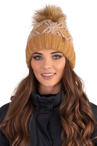 VIVISENCE Dame Mütze Kopfbedeckung Bommel Winter Warm Dick 7029, Beige,Einheitsgröße von VIVISENCE