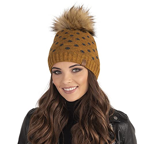 VIVISENCE Dame Mütze Kopfbedeckung Bommel Winter Warm Dick Gemustert 7033, In EU Hergestellt, Senffarbe,Einheitsgröße von VIVISENCE
