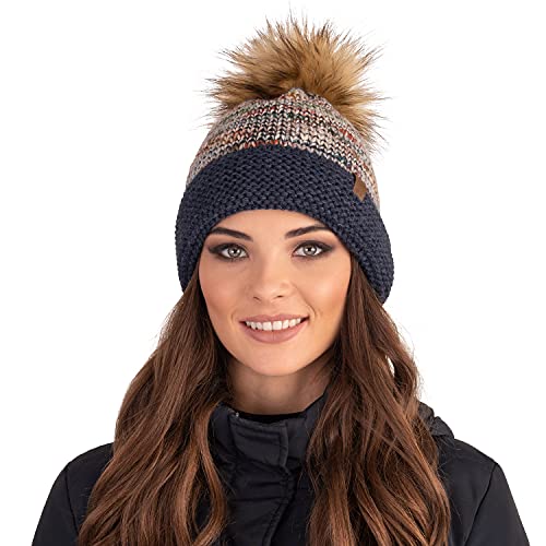 VIVISENCE Damen Bommelmütze Winter Warmem Garn Bommel Antistatischer Wirkung 7024, Dunkelblau,Einheitsgröße von VIVISENCE