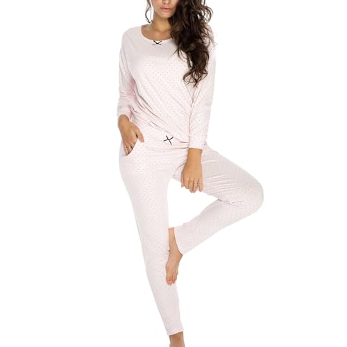 VIVISENCE Dame Schlafanzug 2-Teiliges Set Pyjama Bluse Hose Gemustert Tupfen 2023, Pink,36 von VIVISENCE