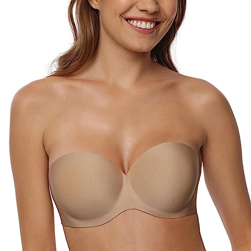 VIVISENCE Trägerloser BH Damen, Nahtloser Rückenfreier Für Abendkleider Und Brautkleider, Bandeau BH, Thermisch Geformte Cups Silikon, Beige,B von VIVISENCE