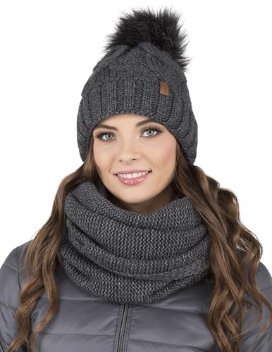 VIVISENCE Damen Bommelmütze Und Loop-Schal Mit Bommel Ideal Für Wintertage 7014, Dunkelgrau,Einheitsgröße von VIVISENCE