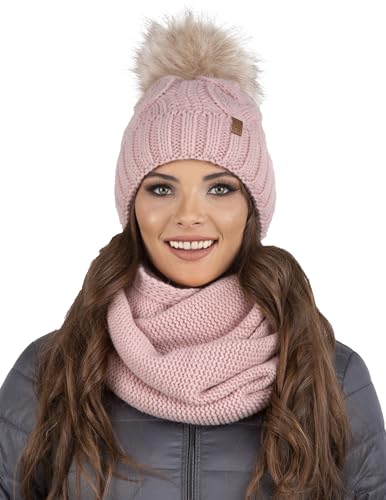 VIVISENCE Damen Bommelmütze Und Loop-Schal Mit Bommel Ideal Für Wintertage 7014, Rosa,Einheitsgröße von VIVISENCE