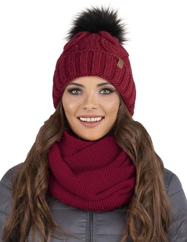 VIVISENCE Damen Bommelmütze Und Loop-Schal Mit Bommel Ideal Für Wintertage 7014, Weinrot,Einheitsgröße von VIVISENCE