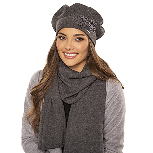 VIVISENCE Damen Baskenmütze Eleganter Wintermütze Und Schal Set Warm Kopfbedeckung Und Halsbedeckung An Winter Und Herbst Warm Dick, Winterset Für Frauen, Hergestellt In EU, Dunkelgrau von VIVISENCE