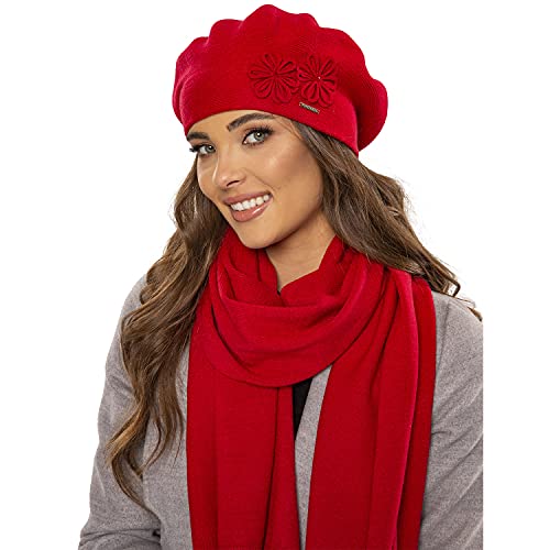 VIVISENCE Damen Baskenmütze Eleganter Wintermütze Und Schal Set Warm Kopfbedeckung Und Halsbedeckung An Winter Und Herbst Warm Dick, Winterset Für Frauen, Hergestellt In EU, Rot von VIVISENCE