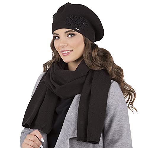 VIVISENCE Damen Baskenmütze Eleganter Wintermütze Und Schal Set Warm Kopfbedeckung Und Halsbedeckung An Winter Und Herbst Warm Dick, Winterset Für Frauen, Hergestellt In EU, Schwarz von VIVISENCE