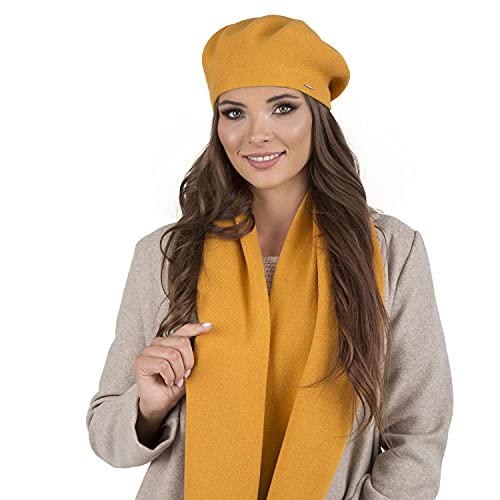 VIVISENCE Damen Baskenmütze Eleganter Wintermütze Und Schal Set Warm Kopfbedeckung Und Halsbedeckung An Winter Und Herbst Warm Dick, Winterset Für Frauen, Hergestellt In EU, Honig von VIVISENCE