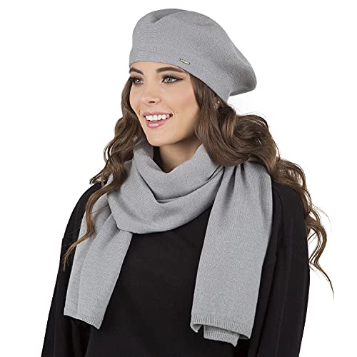 VIVISENCE Damen Baskenmütze Eleganter Wintermütze Und Schal Set Warm Kopfbedeckung Und Halsbedeckung An Winter Und Herbst Warm Dick, Winterset Für Frauen, Hergestellt In EU, Hellgrau von VIVISENCE