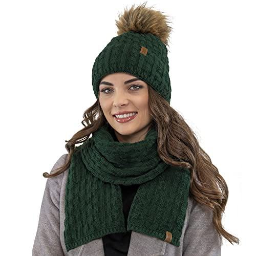 VIVISENCE Damen Bommelmütze Und Schal Set Warm Kopfbedeckung Und Halsbedeckung Für Herbst Und Winter Warm Dick, Wintermütze Mit Bommel, Winterset Für Frauen, Hergestellt In EU, Grün von VIVISENCE