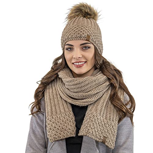 VIVISENCE Damen Mütze Mit Schal Set Mit Fleecefutter Wärme An Wintertagen 7016, Beige,Einheitsgröße von VIVISENCE