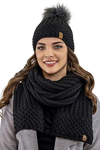 VIVISENCE Damen Bommelmütze Und Schal Set Warm Kopfbedeckung Und Halsbedeckung Für Herbst Und Winter Warm Dick, Wintermütze Mit Bommel, Winterset Für Frauen, Hergestellt In Der EU, Schwarz von VIVISENCE