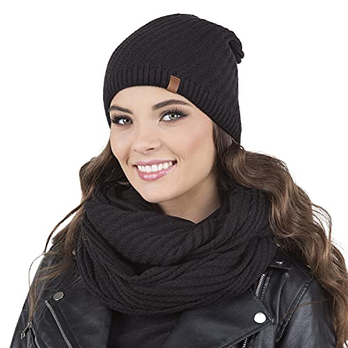 VIVISENCE Damen Beanie Wintermütze Und Loop Schal Set Warm Kopfbedeckung Und Halsbedeckung Für Herbst Und Winter Warm Dick, Winterset Für Frauen, Hergestellt In Der EU, Schwarz von VIVISENCE