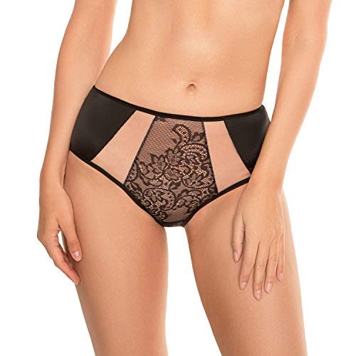 VIVISENCE Unterhosen Damen Slip Unterwäsche Frauen Hohe Taille Slip Baumwolle Spitze Netz Panties Glatter Mikrofaser Hinterteil 1044W, Schwarz,M von VIVISENCE