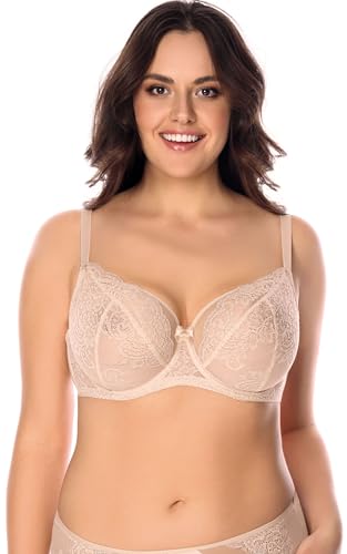 VIVISENCE Damen Spitzen BH Mit Bügel Große Größen Zuverlässigen Halt Im Alltag 1044, Beige,90F von VIVISENCE