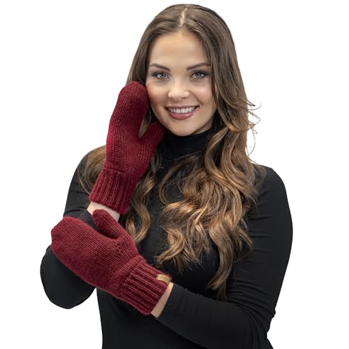 VIVISENCE Damen Winter Fausthandschuhe Aus Wärmendem Garn Mit Breitem Strickbündchen, Handschuhe Gemütlich Stilvolle Musterloses Design Für Kalte Wintertage Herbst Modell 7015, Weinrot,Einheitsgröße von VIVISENCE