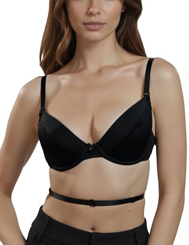 VIVISENCE Damen BH Rückenfrei Push Up BH Multiway Träger, Tiefer Rückenausschnitt Für Rückenfreie Kleider Klassische, Kate 1011, Schwarz,80D von VIVISENCE