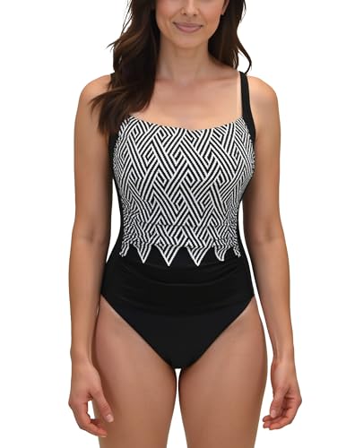VIVISENCE Damen Badeanzug Einteilig Bauch Kaschieren Gepolsterte Cups Breite Verstellbare Träger Gefüttert Vorne Buntes Muster Ideal Für Strand Und Schwimmbad, Schwarz-Weiß,100C von VIVISENCE