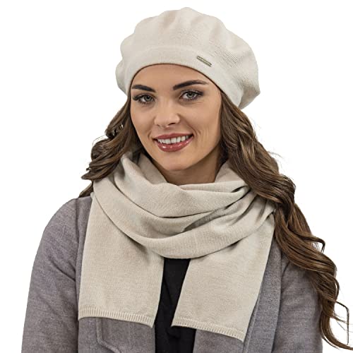 VIVISENCE Damen Baskenmütze Eleganter Wintermütze Und Schal Set Warm Kopfbedeckung Und Halsbedeckung An Winter Und Herbst Warm Dick, Winterset Für Frauen, Hergestellt In EU, Beige von VIVISENCE