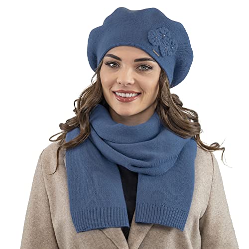 VIVISENCE Damen Baskenmütze Eleganter Wintermütze Und Schal Set Warm Kopfbedeckung Und Halsbedeckung An Winter Und Herbst Warm Dick, Winterset Für Frauen, Hergestellt In EU, Blau VIVISENCE Damen Baskenmütze Eleganter Wintermütze Und Schal Set Warm Kopfbedeckung Und Halsbedeckung An Winter Und Herbst Warm Dick, Winterset Für Frauen, Hergestellt In EU, Blau von VIVISENCE