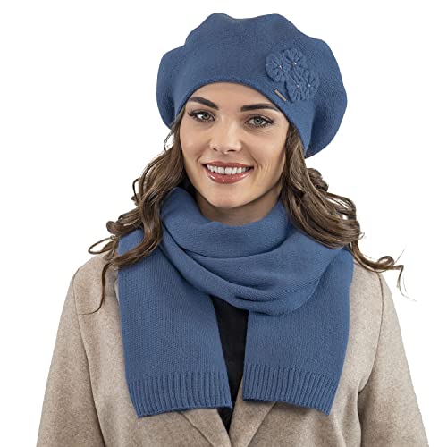 VIVISENCE Damen Baskenmütze Eleganter Wintermütze Und Schal Set Warm Kopfbedeckung Und Halsbedeckung An Winter Und Herbst Warm Dick, Winterset Für Frauen, Hergestellt In EU, Blau von VIVISENCE