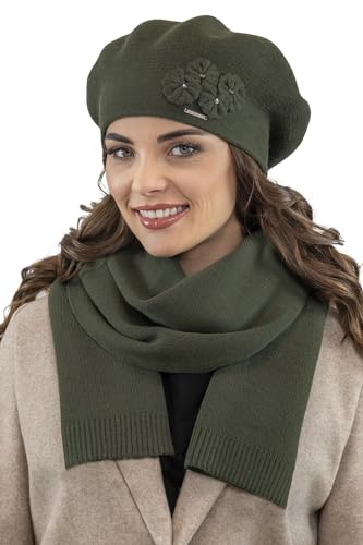 VIVISENCE Damen Baskenmütze Eleganter Wintermütze Und Schal Set Warm Kopfbedeckung Und Halsbedeckung An Winter Und Herbst Warm Dick, Winterset Für Frauen, Hergestellt In EU, Grün von VIVISENCE