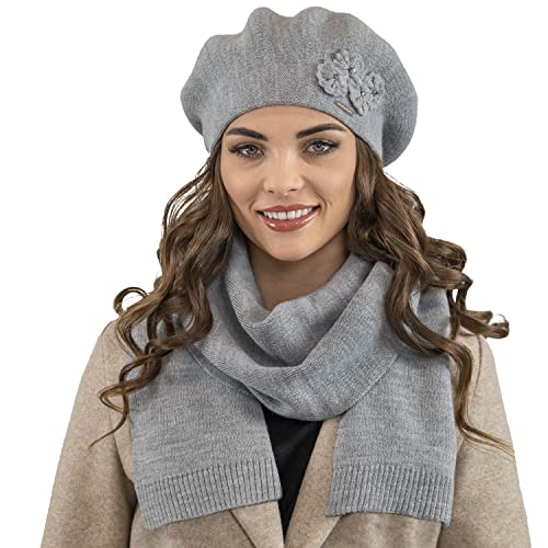 VIVISENCE Damen Baskenmütze Eleganter Wintermütze Und Schal Set Warm Kopfbedeckung Und Halsbedeckung An Winter Und Herbst Warm Dick, Winterset Für Frauen, Hergestellt In EU, Hellgrau von VIVISENCE