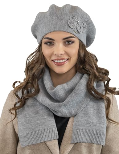 VIVISENCE Damen Mütze Mit Schal Mit Blume Applikation Wärme An Wintertagen 7006, Hellgrau,Einheitsgröße von VIVISENCE