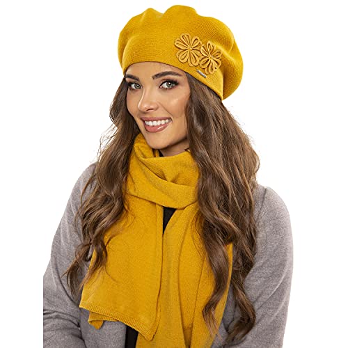 VIVISENCE Damen Baskenmütze Eleganter Wintermütze Und Schal Set Warm Kopfbedeckung Und Halsbedeckung An Winter Und Herbst Warm Dick, Winterset Für Frauen, Hergestellt In Der EU, Honig von VIVISENCE