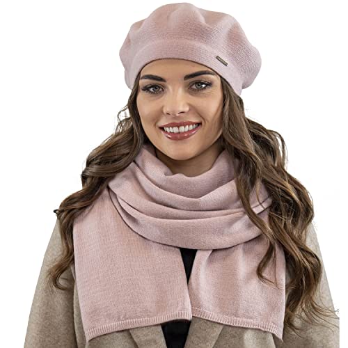 VIVISENCE Damen Baskenmütze Eleganter Wintermütze Und Schal Set Warm Kopfbedeckung Und Halsbedeckung An Winter Und Herbst Warm Dick, Winterset Für Frauen, Hergestellt In EU, Rosa von VIVISENCE