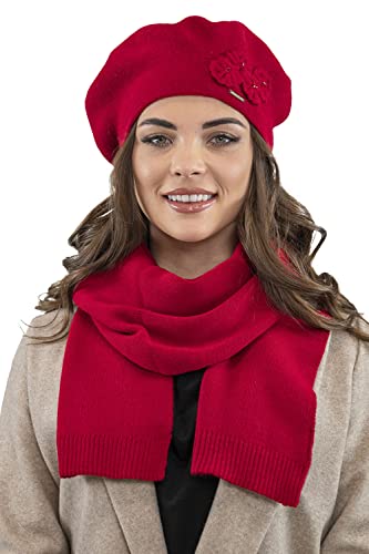 VIVISENCE Damen Baskenmütze Eleganter Wintermütze Und Schal Set Warm Kopfbedeckung Und Halsbedeckung An Winter Und Herbst Warm Dick, Winterset Für Frauen, Hergestellt In EU, Rot von VIVISENCE