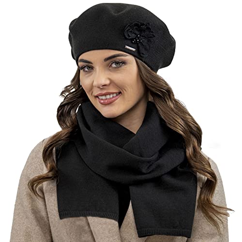 VIVISENCE Damen Baskenmütze Eleganter Wintermütze Und Schal Set Warm Kopfbedeckung Und Halsbedeckung An Winter Und Herbst Warm Dick, Winterset Für Frauen, Hergestellt In EU, Schwarz von VIVISENCE