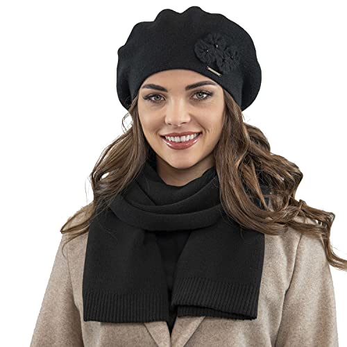 VIVISENCE Damen Baskenmütze Eleganter Wintermütze Und Schal Set Warm Kopfbedeckung Und Halsbedeckung An Winter Und Herbst Warm Dick, Winterset Für Frauen, Hergestellt In EU, Schwarz von VIVISENCE