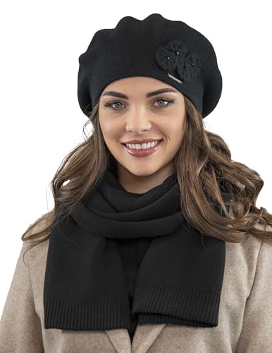VIVISENCE Damen Mütze Mit Schal Mit Blume Applikation Wärme An Wintertagen 7006, Schwarz,Einheitsgröße von VIVISENCE