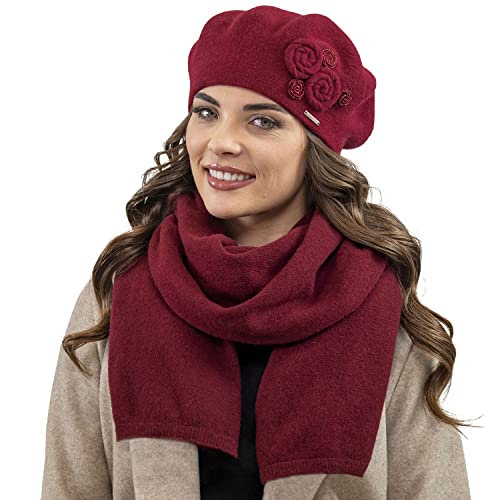 VIVISENCE Damen Baskenmütze Eleganter Wintermütze Und Schal Set Warm Kopfbedeckung Und Halsbedeckung An Winter Und Herbst Warm Dick, Winterset Für Frauen, Hergestellt In EU, Weinrot von VIVISENCE