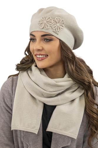 VIVISENCE Damen Baskenmütze Eleganter Wintermütze Und Schal Set Warm Kopfbedeckung Und Halsbedeckung An Winter Und Herbst Warm Dick, Winterset Für Frauen, Hergestellt In EU, Beige von VIVISENCE