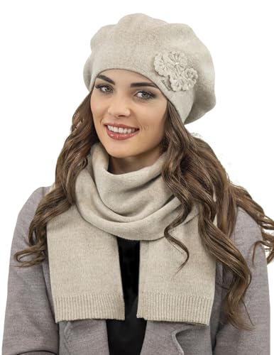 VIVISENCE Damen Mütze Mit Schal Mit Blume Applikation Wärme An Wintertagen 7006, Beige,Einheitsgröße von VIVISENCE