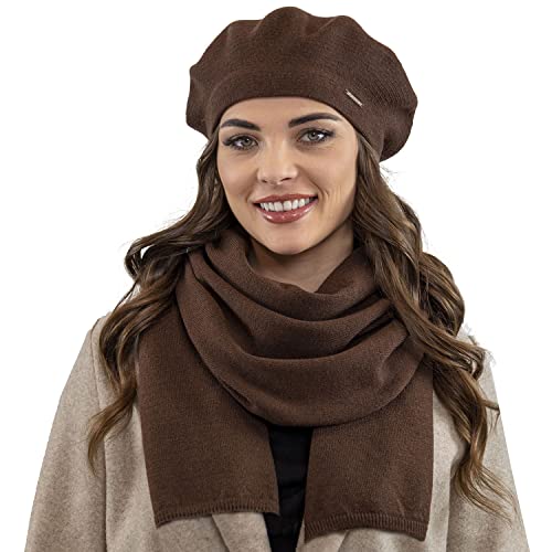 VIVISENCE Damen Baskenmütze Eleganter Wintermütze Und Schal Set Warm Kopfbedeckung Und Halsbedeckung An Winter Und Herbst Warm Dick, Winterset Für Frauen, Hergestellt In EU, Braun von VIVISENCE
