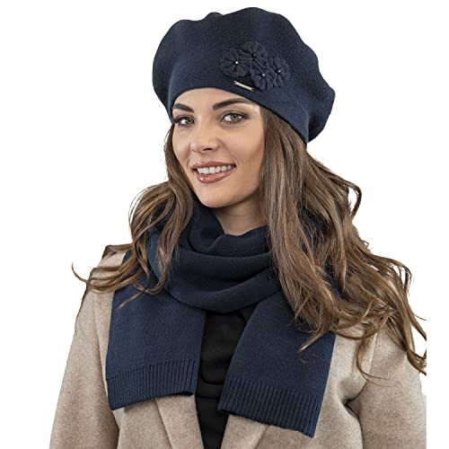 VIVISENCE Damen Baskenmütze Eleganter Wintermütze Und Schal Set Warm Kopfbedeckung Und Halsbedeckung An Winter Und Herbst Warm Dick, Winterset Für Frauen, Hergestellt In EU, Dunkelblau von VIVISENCE