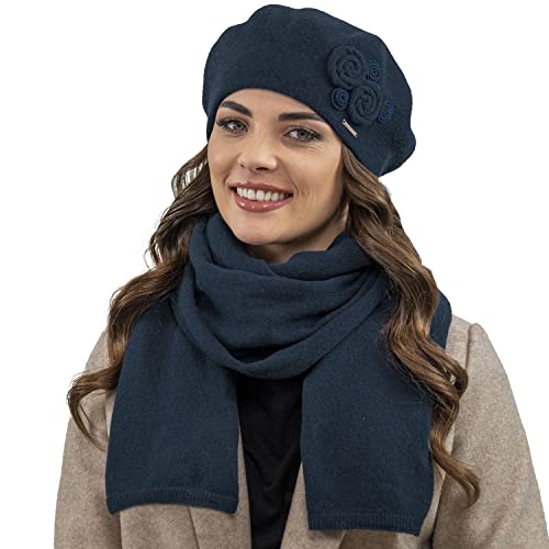 VIVISENCE Damen Baskenmütze Eleganter Wintermütze Und Schal Set Warm Kopfbedeckung Und Halsbedeckung An Winter Und Herbst Warm Dick, Winterset Für Frauen, Hergestellt In EU, Dunkelblau von VIVISENCE