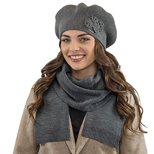 VIVISENCE Damen Baskenmütze Eleganter Wintermütze Und Schal Set Warm Kopfbedeckung Und Halsbedeckung An Winter Und Herbst Warm Dick, Winterset Für Frauen, Hergestellt In EU, Dunkelgrau von VIVISENCE