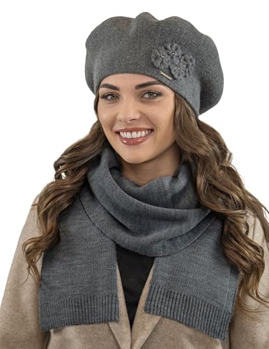 VIVISENCE Damen Mütze Mit Schal Mit Blume Applikation Wärme An Wintertagen 7006, Dunkelgrau,Einheitsgröße von VIVISENCE