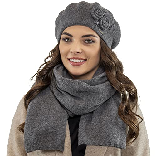 VIVISENCE Elegantes Damen Winter Set Aus Baskenmütze Und Langem Schal Aus Wärmendem Wollgarn Perfekte Passform Für Kalte Wintertage Ideal Für Elegante Und Sportliche Outfits, Dunkelgrau,Einheitsgröße von VIVISENCE