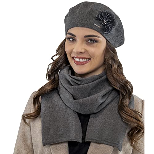 VIVISENCE Damen Baskenmütze Eleganter Wintermütze Und Schal Set Warm Kopfbedeckung Und Halsbedeckung An Winter Und Herbst Warm Dick, Winterset Für Frauen, Hergestellt In EU, Dunkelgrau von VIVISENCE