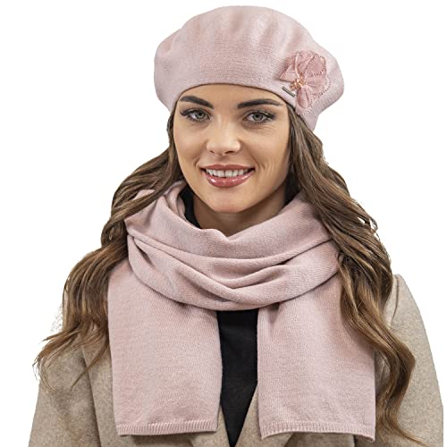 VIVISENCE Damen Baskenmütze Eleganter Wintermütze Und Schal Set Warm Kopfbedeckung Und Halsbedeckung An Winter Und Herbst Warm Dick, Winterset Für Frauen, Hergestellt In EU, Rosa von VIVISENCE