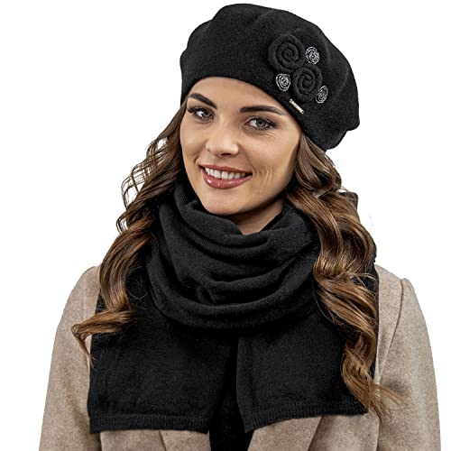 VIVISENCE Elegantes Damen Winter Set Aus Baskenmütze Und Langem Schal Aus Wärmendem Wollgarn Perfekte Passform Für Kalte Wintertage Ideal Für Elegante Und Sportliche Outfits, Schwarz,Einheitsgröße von VIVISENCE